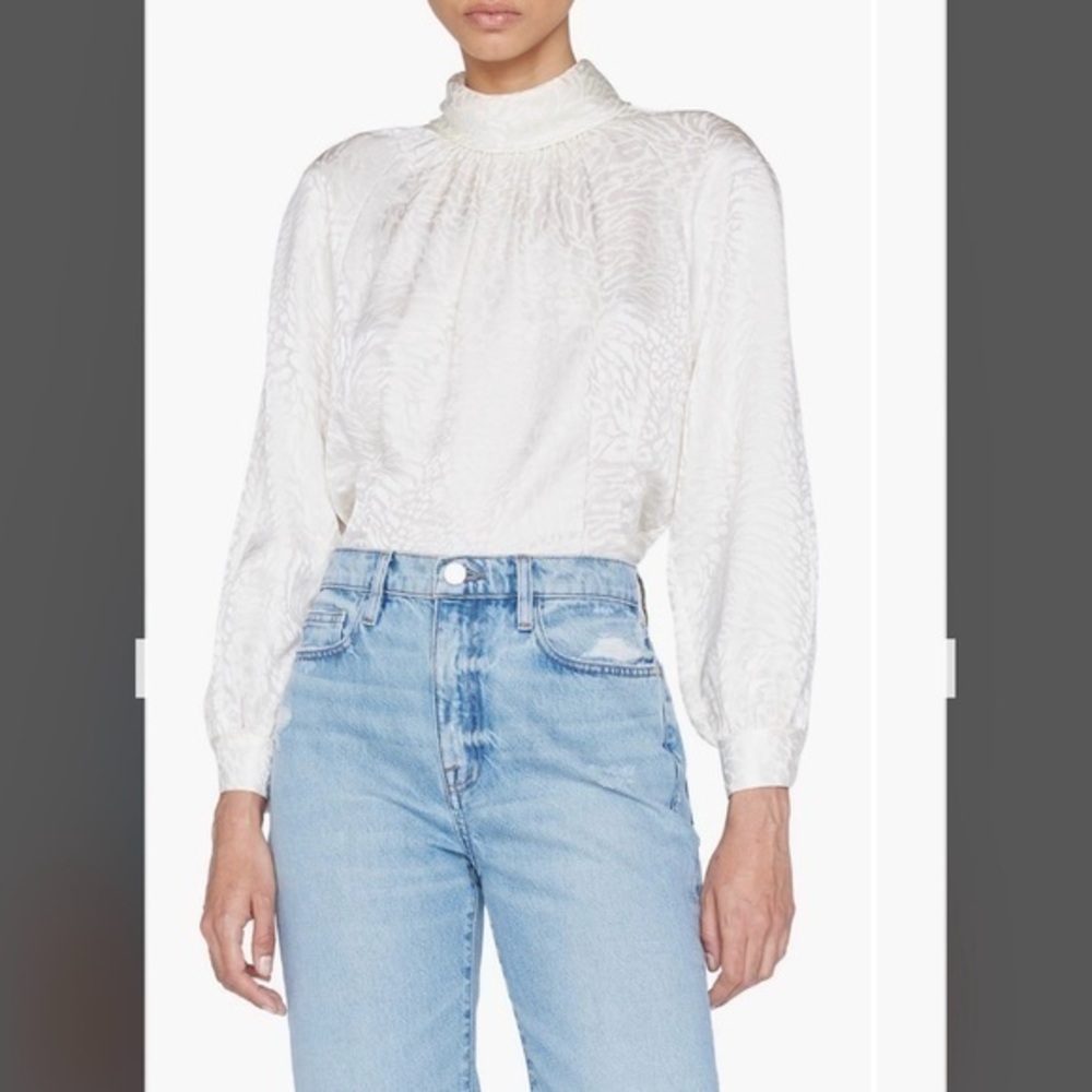 Frame Silk Fold-over Mock Neck Blouse in Off White